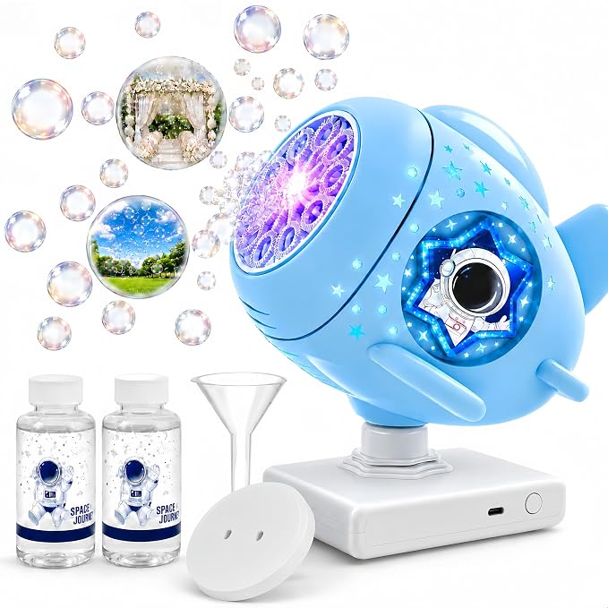 Bubble Machine for Kids, Rechargeable 30000+ Bubbles Maker Blower with 360° Rotating Base & LED Lights, Outdoor Toy for Toddlers Boys Girls Age 3+ for Weddings, Birthday Parties, Garden