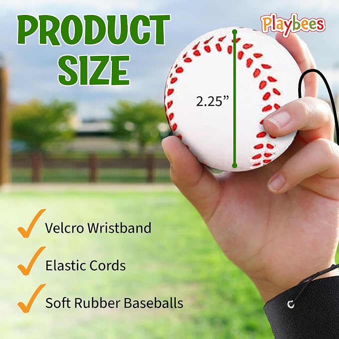 Playbees Reactive Practice Baseballs (6 Pack) – Wrist Return Training Balls for Hand-Eye Coordination – Portable Kids Outdoor Activity & Skill Trainer – Great Birthday Gift or Party Favor