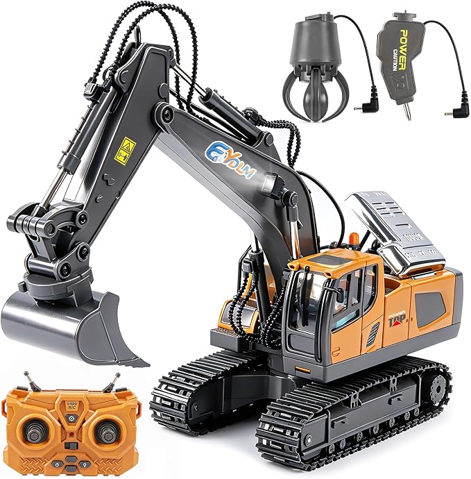 3-in-1 Remote Control Excavator Toy for Boys, Best Birthday Gifts for Kids 3-5 4-7 6-8 9 10 12 Years Old, 11-Ch RC Construction Vehicle with Alloy Shovel, Drill & Grapple, Digger Sandbox Toys