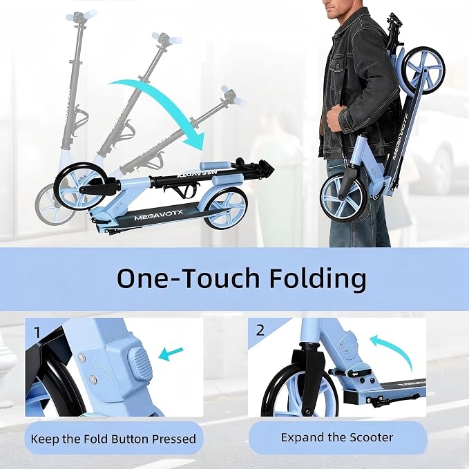 Foldable Kick Scooter for Kids Ages 6-12, Teens & Adults. Non-Electric Scooter with Big Wheels, Adjustable Height, Rear Foot Brake. Lightweight Design for Daily Commute & Outdoor Riding