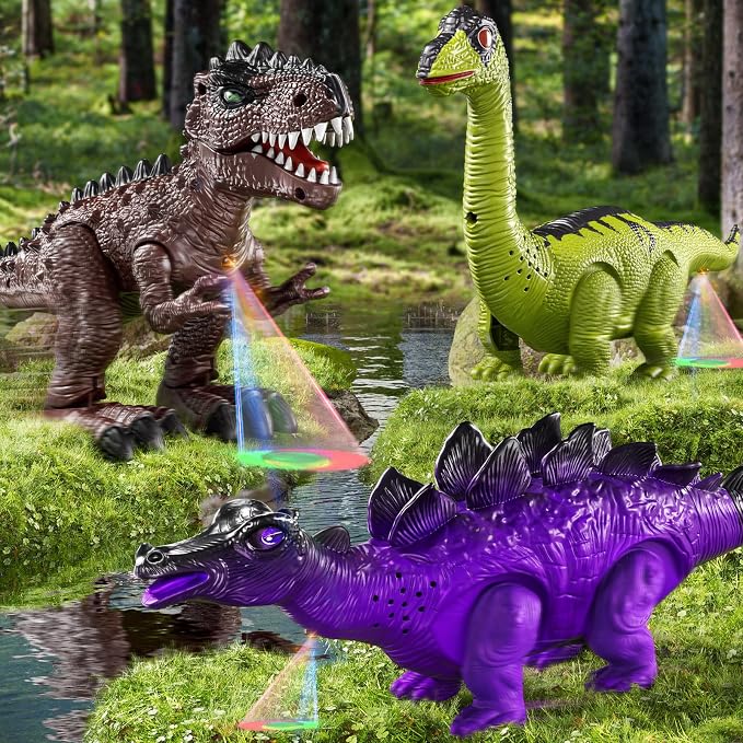 TEMI 3 Pack Electrical Walking Dinosaur Toys for Toddlers 3-4 3-5 Years with Sound and Light Up, Toddler Robot Dinosaur, Brachiosaurus, Stegosaurus Dinosaur Figures for Kids