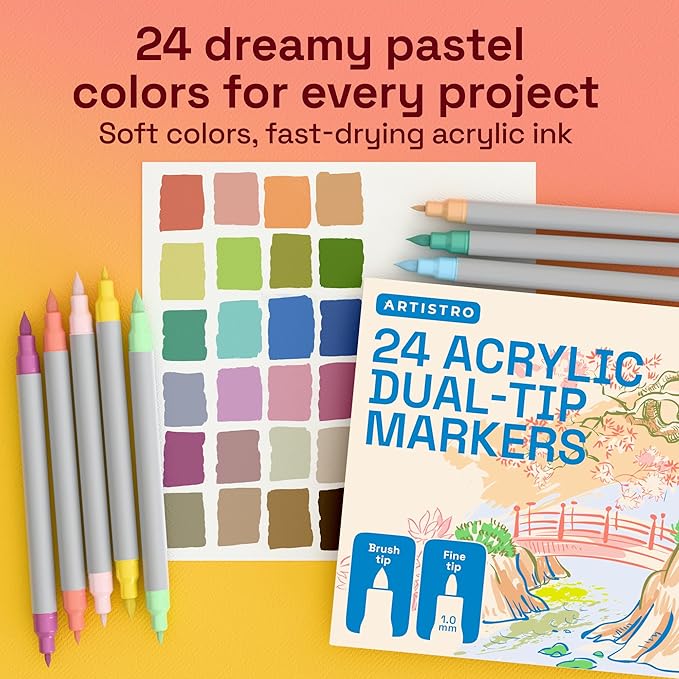ARTISTRO 24 Pastel Acrylic Paint Markers - Paint Pens for Drawing - For Fabric, Rock, Glass, Wood, Molds - Arts & Crafts Gift for Adults, Teens, Kids, Classroom Must Haves & School Supplies
