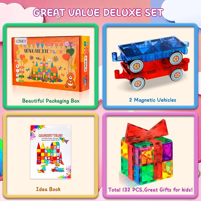 Lotmey 132PCS Magnetic Tiles with 2 Cars Deluxe Set, 3D Magnetic Building Blocks, Preschool Magnetic STEM Toys Sensory Educational Toys for Toddlers Kids 3 4 5 6 7 8-12, Gift for Boys Girls