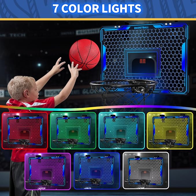 HYES Mini Basketball Hoop Indoor, Over The Door Basket Ball Hoop with 7 LED Lighting/Scoreboard/3 Modes/Foldable Rim, Wall Basketball Toy, Sport Decor Gifts for Kids Adult for Bedroom/Office (Blue)