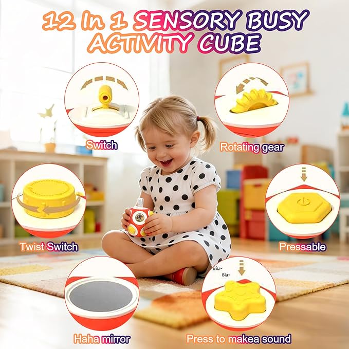 Busy Cube for Toddlers 1-3,12-in-1- Montessori Sensory Activity Cube with Children's Intellectual Development Learning,Educational Learning Gifts for Boys & Girls