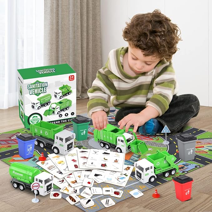 Garbage Truck Toys for Boys, 4 pcs 6" Friction Powered Trash Truck with Kids Playmat Car Rug, 8 pcs Roadblock Signpost, 4 Trash Bins with 108 pcs Trash Cards, Toy Gift for 3+ Years Old Kid