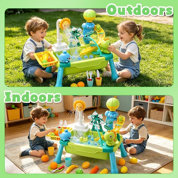 CUTE STONE Toddler Water Table for Kids, Kitchen Sink Toy with Running Water & Fishing Game,Water Play Table for Backyard Beach Pool, Summer Gifts for Boys Girls-Dinosaur