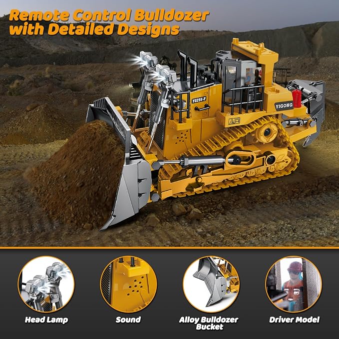 Samtop Rc Bulldozer Toys - Remote Control Bulldozer Construction Vehicles Trucks for Boys Kids Age 6 7 8-12 - Metal RC Electric Tractor Loader Toys with Light and Sound - 3-5 Birthday