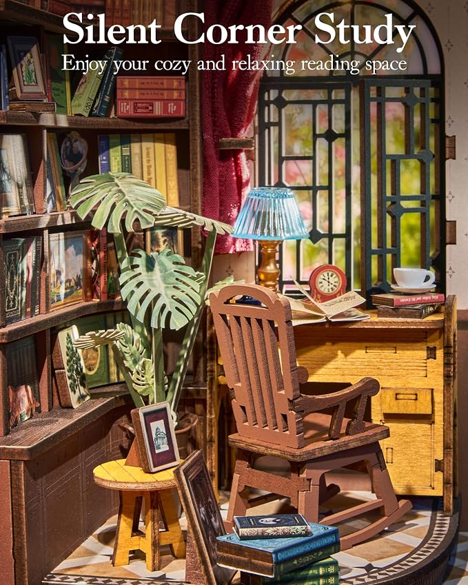ROBOTIME DIY Miniature Dollhouse Kit, Mini House Book Nook Kits Bookshelf Decor, Vintage Bookstore with Led Light, 3D Wooden Puzzle Gifts for Adults Book Lovers Family Friends (Silent Corner Study)