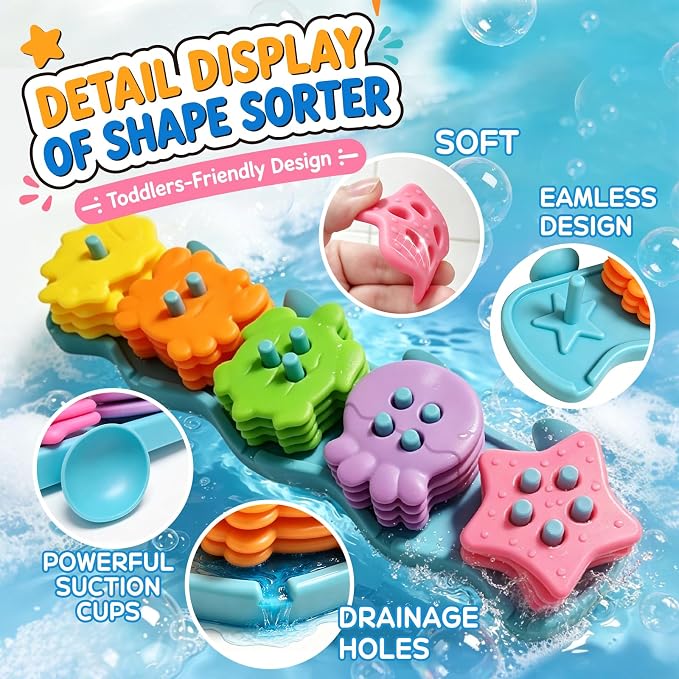21PCS Mold Free Bath Toys,Ocean Shape Sorters Stacking Water Play Toys, Early Learning Gifts for Toddlers 1-3 2-4 3-5 Boys Girls