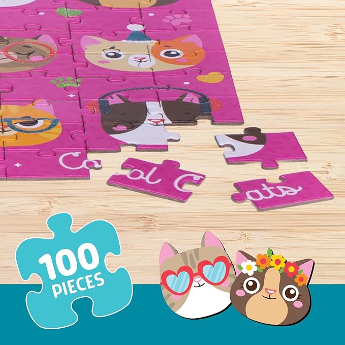 Chuckle & Roar - Cool Cats Glitter 100 Piece Jigsaw Puzzle for Kids Ages 6+ - Educational Puzzle with Glitter Accents - Fine Motor Skills and Screen Free Fun - Giftable Kids Puzzle 11 x 15 Inches