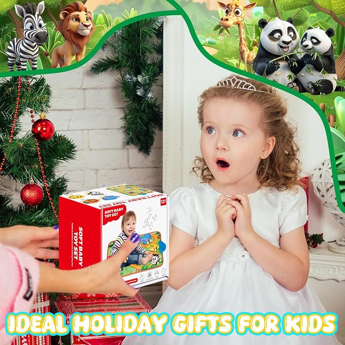 Jetbotell Soft Pull Back Vehicle & Music Mat Set for Toddler Toys 1-3 | New Interactive Mode | 4 Cute Animal Cars | Touch Play Blanket | 3 Nursery Rhyme | 8 Animal Finding Problems | Safe Portable
