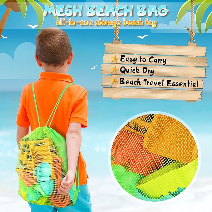HUITEM Beach Sand Toys for Kids Sandbox Toys with 2 Collapsible Bucket Sand, 2 Dump Truck, Dinosaur Molds, Sand Castle Kit, Shovel Sieve,Flags,Mesh Bag Travel Beach Toys for Toddler 3-10