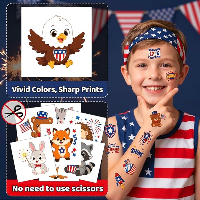 JCFIRE 4th of July Temporary Tattoos for Kids Adults, Cute Independence Day Fake Tattoos Stickers, Fourth of July Red White and Blue 4th of July Accessories for Women Girls Party Favors