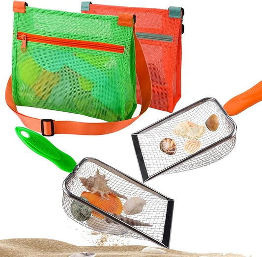 MUYIZI Beach Mesh Shovel with Mesh Beach Bag for Shell Collecting, Kids Sand Sifter for The Beaches,Shell Scooper for Beaches,Shark Tooth Sifter Dipper,Sea Shell Bags for Kids,Sand Toy (Orange+Green)