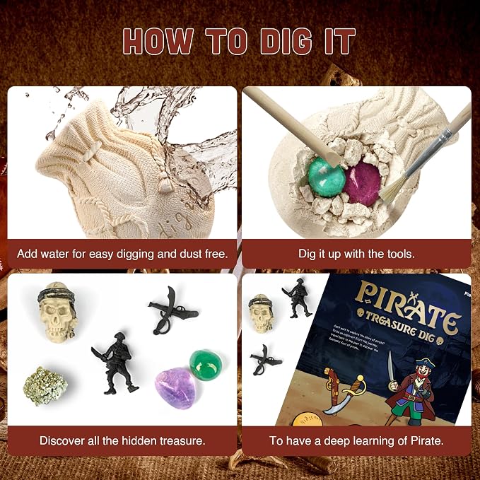 Pirate Treasure Dig Kit - 5-in-1 Skeleton Skull & Gold Brick Excavation Science Kit, Archaeology Stem Educational Toys with Gems, Pirate Statue, Coins, Toy Gift for Kids Boys Girls Age 6+