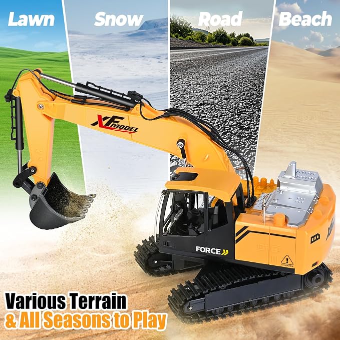 Shemira Remote Control Excavator, 13 Channel RC Excavator Toy for Boys 3-5 4-7 8-12 Year Old, 2.4Ghz RC Construction Vehicles with Metal Shovel & Light & Sound, Kids Christmas Birthday Gifts