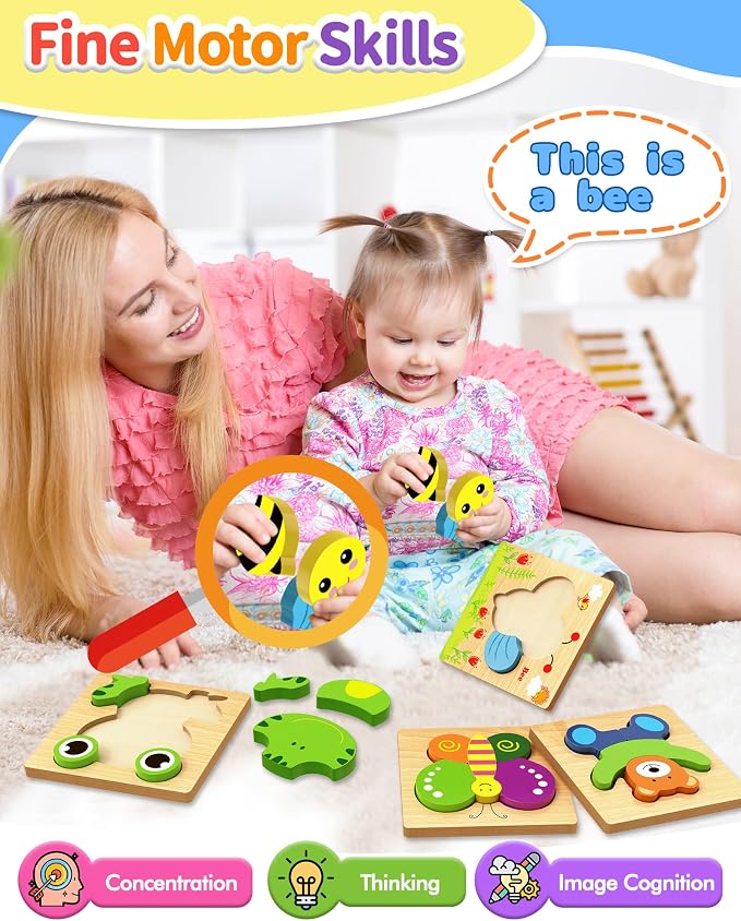Bekayshad Wooden Puzzles Toddler Toys Gifts for 1 2 3 Year Old Boys Girls, 4 Pack Animal Jigsaw Puzzles Montessori Toys, Learning Educational Christmas Birthday Gifts for Girls Boys Ages 1-3