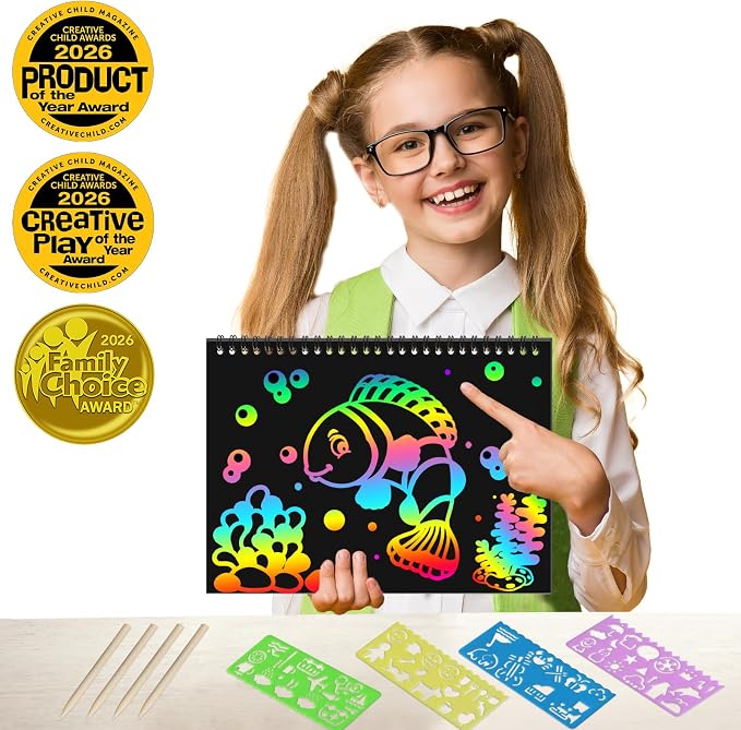 ZMLM Scratch Paper Art Craft: 2 Pack Rainbow Scratch Set for 3 4 5 6 7 8 9 10 Years Old Girls Boys Students Drawing Coloring Black Magic Art Supplies Kits Gifts School Birthday Party Toys (Ocean)