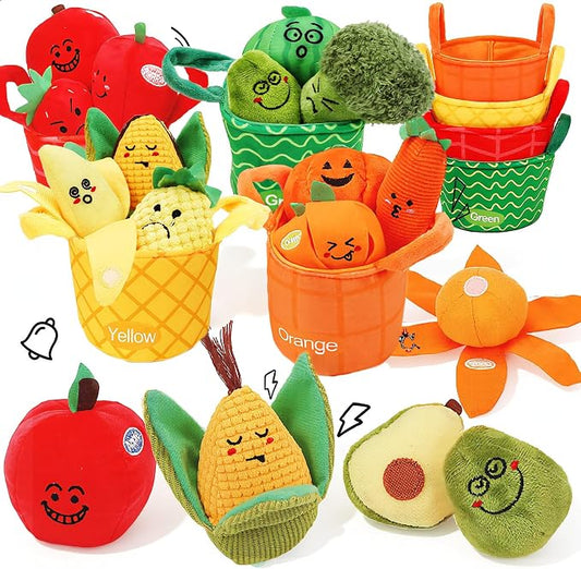 Fruit Vegetable Sensory Toys for Baby 6-12 Months - 16Pcs Plush Sorting Set Perfect for Little Hands to Grasp With Cute Faces, Bright Color Food Crinkle & Rattle, Birthday Gift for 1 Year Old Boy Girl