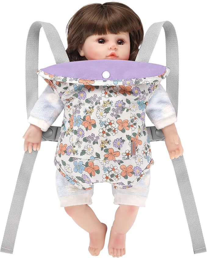 GAGAKU Baby Doll Carrier Stuffed Animal Carrier for Girls Doll Accessory Adjustable Straps for 12 to 24 inch Reborn Baby Dolls -Purple Flowers