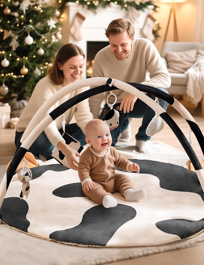 2PM SPORTS Cow Theme Baby Play Mat, Tummy Time Mat for Infant Newborn, Baby Play Gyms & Playmats for 0-3 3-6 6-12 Months, Activity Mat 5 Detachable Toys, Non Slip Gym Mat Easy to Install & Clean
