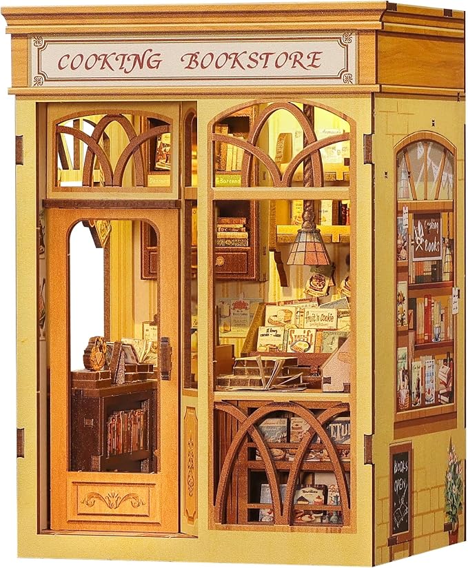 Cutefun Book Nook Kit - DIY Miniature Dollhouse Kit 3D Creative Decorative Bookend 3D Wooden Puzzle for Adults, Bookshelf Insert Library Decor with LED Light (Cooking Bookstore)