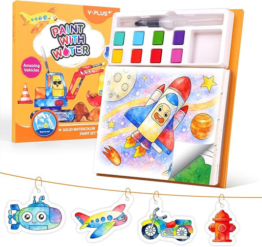 YPLUS Paint with Water Coloring Book for Toddlers, Mess Free Watercolor Painting Set with Brush, 26 Pages & 8 Color Palettes, DIY Art Craft Travel Toy Gift for Kids Ages 1-3 2-4 4-6 (Vehicles)