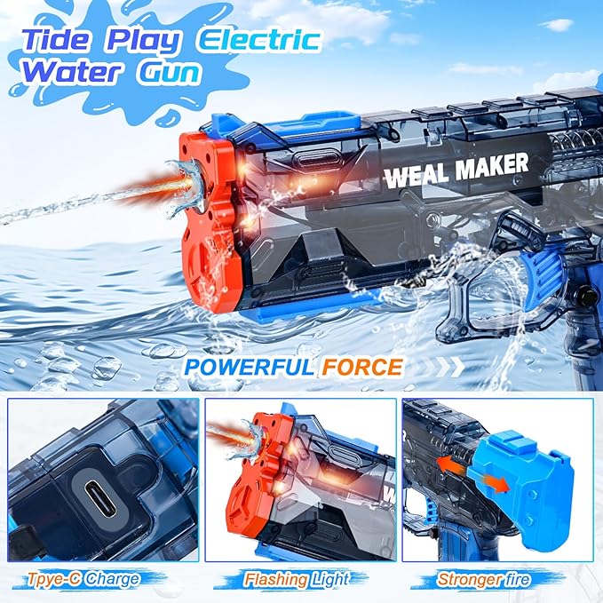 Electric Water Gun with LED Flash & USB-C Charging, Designed for Epic Aquatic Fun, Automatic Squirt Guns 25-30 FT Range, Realistic Water Pistol for Summer Outdoor Backyard Water Theme Party Toys