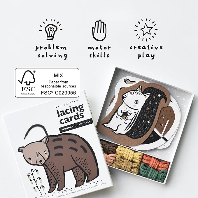Wee Gallery Woodland Lacing Cards for Kids Ages 3-5 – Educational Sewing for Kids, Travel Activity Game, Fine Motor Skills Montessori-Inspired Toddler Lacing Toy Cards