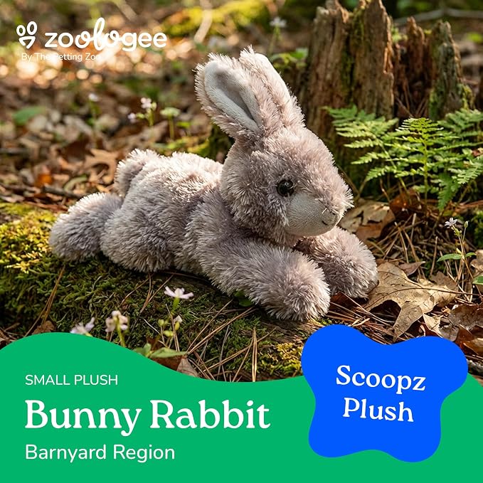 The Petting Zoo Rabbit Stuffed Animal Plushie, Gifts for Kids, Scoopz Wildlife Animals, Grey Bunny Plush Toy, 8 inches