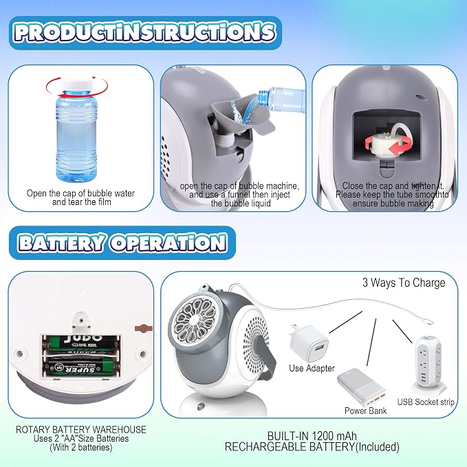Big Bubble Machine - Automatic Bubbles Blower for Kids, Toddlers - 360° Oscillation & 75° Adjustment, Bubble Toys with LED Light - Gifts for Boys, Girls, Easter, Outdoor, Birthday, Party Use