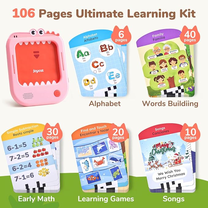 JoyCat Bilingual Kids Learning Tablet, English & Spanish Talking Flash Cards with 106 Pages, 20 Interactive Games, Montessori Learning Toy for Alphabet, Words, Numbers & Songs, Gift for Toddlers 2-6