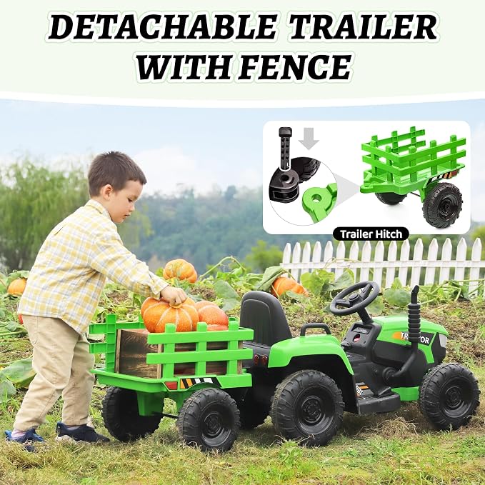 TOBBI Kids Electric Toy Tractor, 12V Battery-Powered Toddlers Ride On Car to Drive, Motorized Trailer Vehicle with 35W Dual Motor/6-Wheels/3-Speeds/LED & Horn Functions for Chirdren Aged 3-8-Green