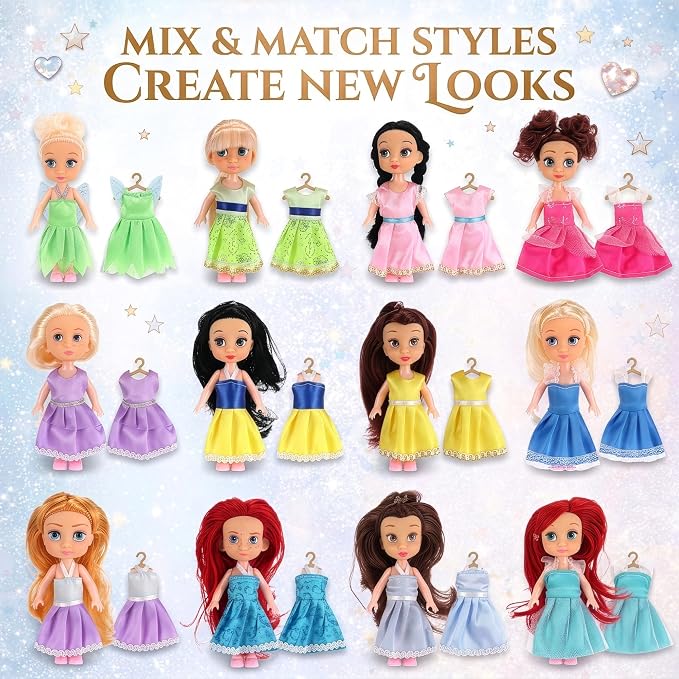 Liberty Imports 12 Pack Little Royal Princess Dolls - Mini Pocket Size Toddler Toys Fantasy Pretend Play Set with Dress, Accessories for Kids, Girls Dollhouse, Party Favors (5-inches)
