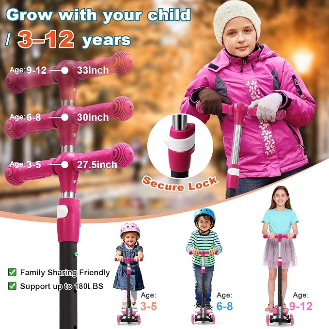 3 Wheel Kids Kick Scooter for Ages 3-12, Lean-to-Steer, Light-Up Wheels, 3-Level Adjustable Handlebar 27.5”-33”, Wide Non-Slip Deck, Dual Rear Brake,Travel Foldable, for Boys & Girls Toy Gifts