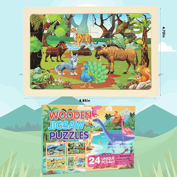 Wooden Puzzles for Kids Ages 4-6, 4 Packs 24 Pcs Wooden Jigsaw Puzzles for Toddlers Ages 3-5, Preschool Educational Puzzle Toys Gifts for 3 4 5 6 Boys Girls