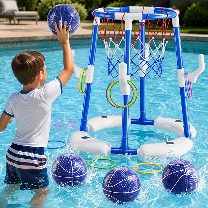 JUKUDAHU Pool Basketball Hoop, Boy Pool Toys for Kids Ages 4-8, 2-in-1 Floating Pool Ring Game with 4 Balls and Pump, Outdoor Swimming Water Play Toy, Summer Water Toys for Kids Adults Age 3-12