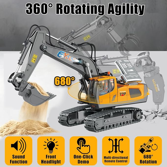 3-in-1 Remote Control Excavator Toy for Boys, Best Birthday Gifts for Kids 3-5 4-7 6-8 9 10 12 Years Old, 11-Ch RC Construction Vehicle with Alloy Shovel, Drill & Grapple, Digger Sandbox Toys