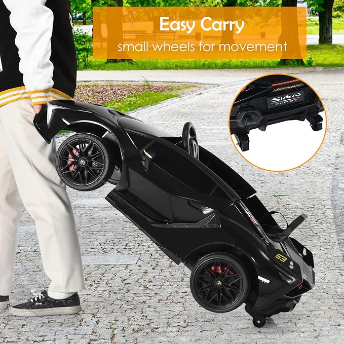 OLAKIDS Kids 12V Licensed Lamborghini SIAN Ride On Car, Electric Vehicle for Toddler with Control Remote, Battery Powered Toy with Music, Horn, 2 Speeds, Suspension, LED Lights, Bluetooth (Black)