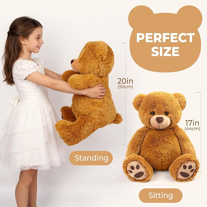 LotFancy Teddy Bear Stuffed Animals, 20 inch Soft Cuddly Cute Plushies, Plush Toys with Footprint Design, Stuffed Animals for Girls Kids Baby Toddlers, Baby Shower Easter Birthday Gift Decor, Brown