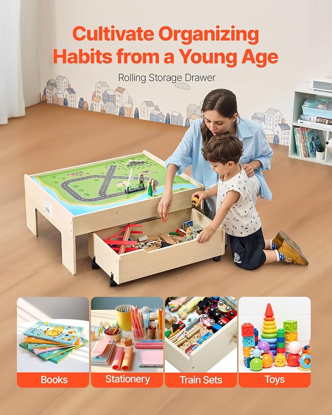 VEVOR Train Table, 100 Multicolor Pieces Wooden Kids Activity Table with Rolling Storage Drawer, 3-in-1 Wooden Train Set for Gaming, Drawing, Reading, Eating, Creative Toy Set for Kids Ages 3+