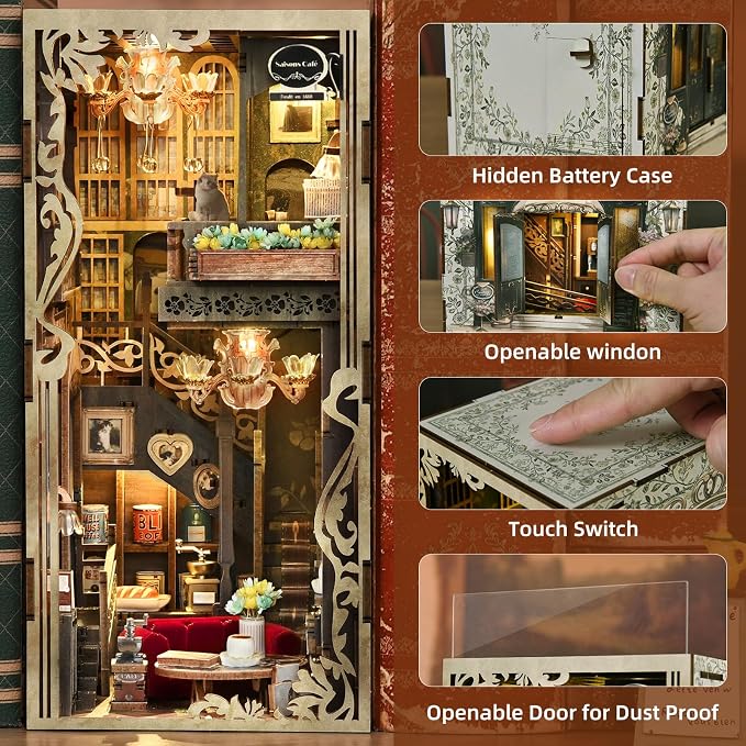 CCCDF Book Nook Kit - DIY Miniature House Coffee Shop Dollhouse Kit for Adults and Teens, 3D Wooden Puzzle Booknook Tiny House Bookshelf Decor, Gifts for Family, Friends (Saison Café)