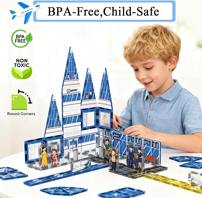 AFUNX Magnetic Tiles, 54PCS Airport Theme Building Blocks Set, Magnet Building Blocks and STEM Preschool Educational Toys for Kids Toddlers Ages 3-5 5-7 8-10