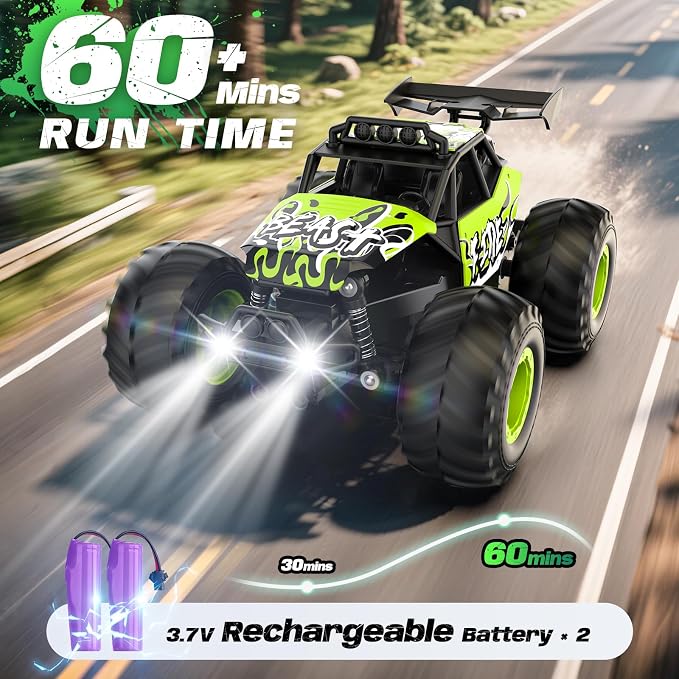 Remote Control Car, All Terrain RC Cars with Speed Switch RC Truck with LED Headlight and Rechargeable Batteries, 20KM/H Monster Truck Toys Gift for Boys 6-8 8-12, Green
