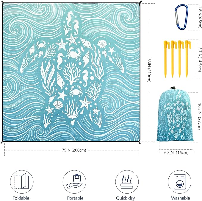 WIWIGO Beach Blanket Waterproof Sandproof Beach Mat 79" X 83"/10'x9'for 2-8 Adults Quick Drying Outdoor Picnic Mat Beach Accessories for Travel, Camping, Hiking