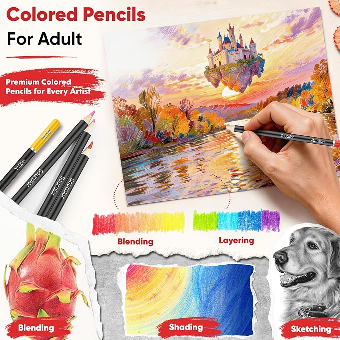 Soucolor 50 Colored Pencils - Premium Art Supplies for Adults Coloring Book | Long-lasting vibrancy Colors, Smooth Writing, Easy Blending and Shading, Perfect for Coloring Books, Sketching & Drawing Pads