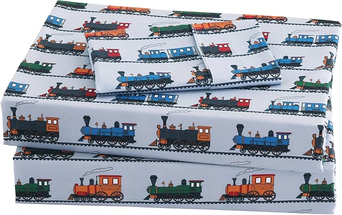 Viviland 3 Pieces Boys Grey Twin Sheet Set - Soft Microfiber Fitted Flat Sheets & Pillowcase - Retro Train Print Bedding Sets - for Kids & Toddlers