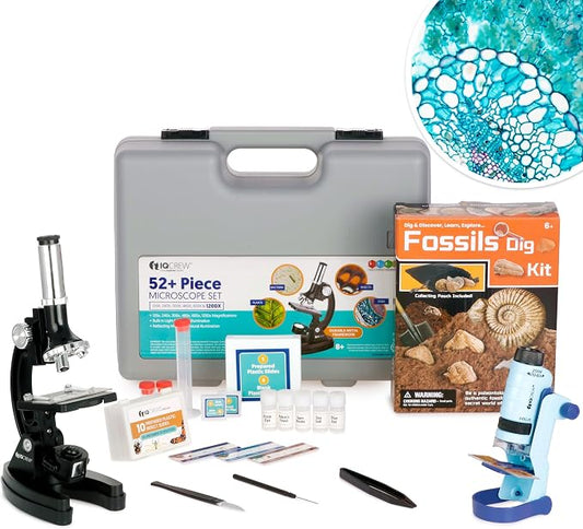 IQCrew By AMSCOPE KIDS - Black Metal Arm Starter Kids Student Compound Microscope Kit with Fossil Dig Activity Kit and Insect Slides