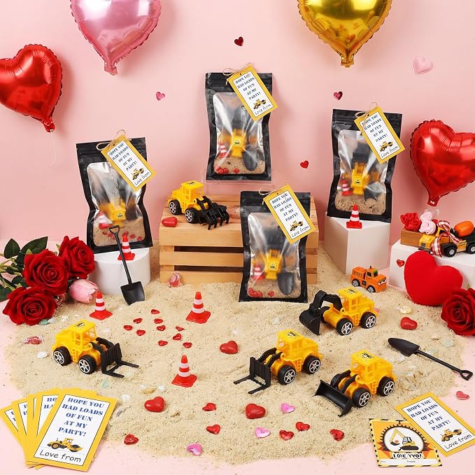 Jenaai 12 Set Construction Party Favors Truck Vehicle Set with Sand Greeting Cards Mini Cars Truck Tractor Forklift for Back to School Gifts Birthday Party Supplies Rewards Goodie Bag Stuffer